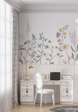 Tapet Personalizat Inspiratie Scandinava pentru Copii cu flori salbatice in nuante de roz si panou alb de lemn - WAINSCOT FLOWERS