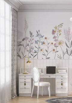 Tapet Personalizat Inspiratie Scandinava pentru Copii cu flori salbatice in nuante de roz si panou alb de lemn - WAINSCOT FLOWERS
