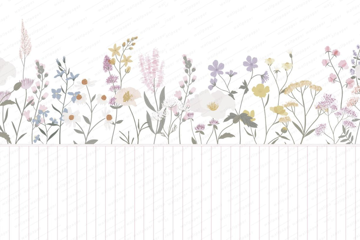 Tapet Personalizat Inspiratie Scandinava pentru Copii cu flori salbatice in nuante de roz si panou alb de lemn - WAINSCOT FLOWERS