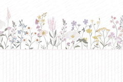 Tapet Personalizat Inspiratie Scandinava pentru Copii cu flori salbatice in nuante de roz si panou alb de lemn - WAINSCOT FLOWERS
