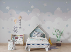Tapet Personalizat Inspiratie Scandinava pentru Copii cu nori gri si stelute - STARRY CLOUDS