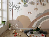 Tapet Personalizat Inspiratie Scandinava pentru Copii cu peisaj tropical abstract in stil boho cu palmieri si curcubee in nuante de maro si gri - BOHO TROPICAL PASTEL