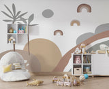 Tapet Personalizat Inspiratie Scandinava pentru Copii cu peisaj tropical abstract in stil boho cu palmieri si curcubee in nuante de maro si gri - BOHO TROPICAL PASTEL