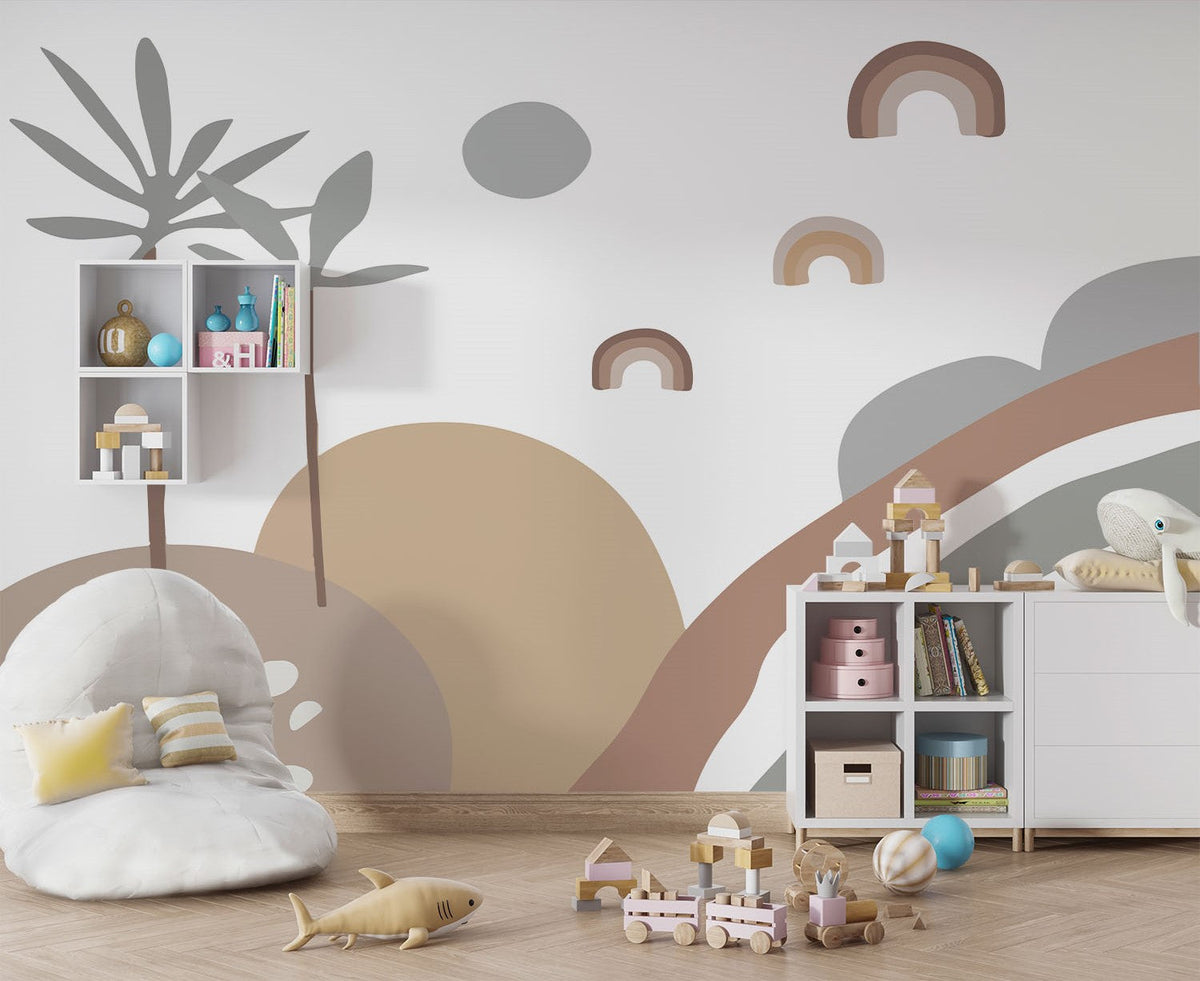 Tapet Personalizat Inspiratie Scandinava pentru Copii cu peisaj tropical abstract in stil boho cu palmieri si curcubee in nuante de maro si gri - BOHO TROPICAL PASTEL
