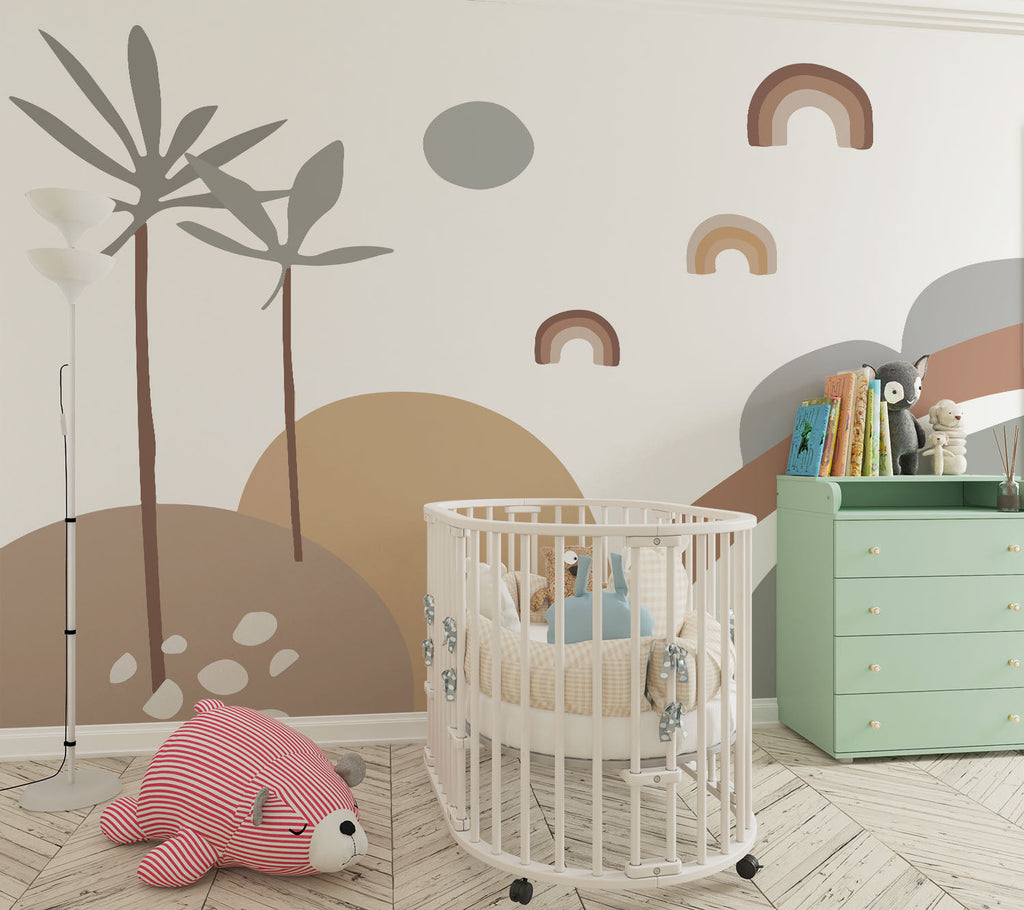 Tapet Personalizat Inspiratie Scandinava pentru Copii cu peisaj tropical abstract in stil boho cu palmieri si curcubee in nuante de maro si gri - BOHO TROPICAL PASTEL