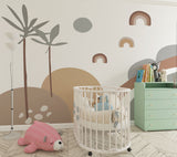 Tapet Personalizat Inspiratie Scandinava pentru Copii cu peisaj tropical abstract in stil boho cu palmieri si curcubee in nuante de maro si gri - BOHO TROPICAL PASTEL