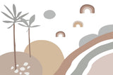 Tapet Personalizat Inspiratie Scandinava pentru Copii cu peisaj tropical abstract in stil boho cu palmieri si curcubee in nuante de maro si gri - BOHO TROPICAL PASTEL
