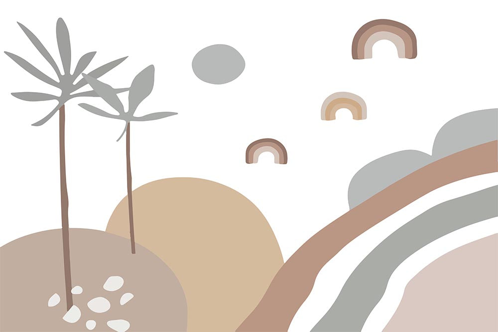 Tapet Personalizat Inspiratie Scandinava pentru Copii cu peisaj tropical abstract in stil boho cu palmieri si curcubee in nuante de maro si gri - BOHO TROPICAL PASTEL