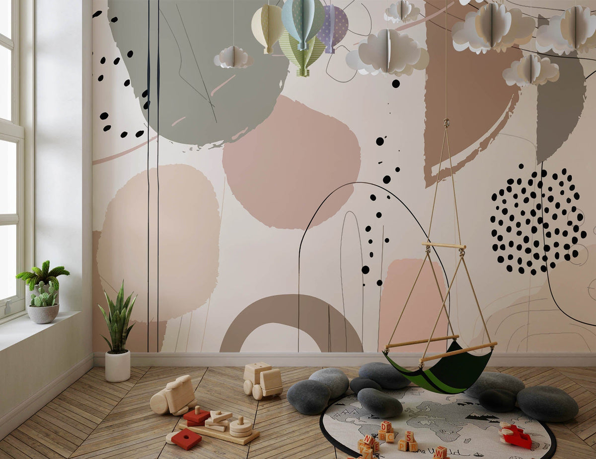 Tapet Personalizat Inspiratie Scandinava pentru Copii cu forme abstracte in stil line art in nuante pastel - DOTTY PASTEL ABSTRACT