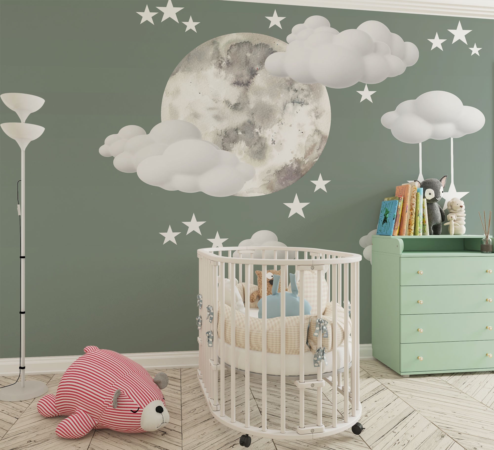 Tapet Personalizat Inspiratie Scandinava pentru Copii cu luna pictata in stil watercolor pe un fundal verde cu nori si stele - WATERCOLOR MOON