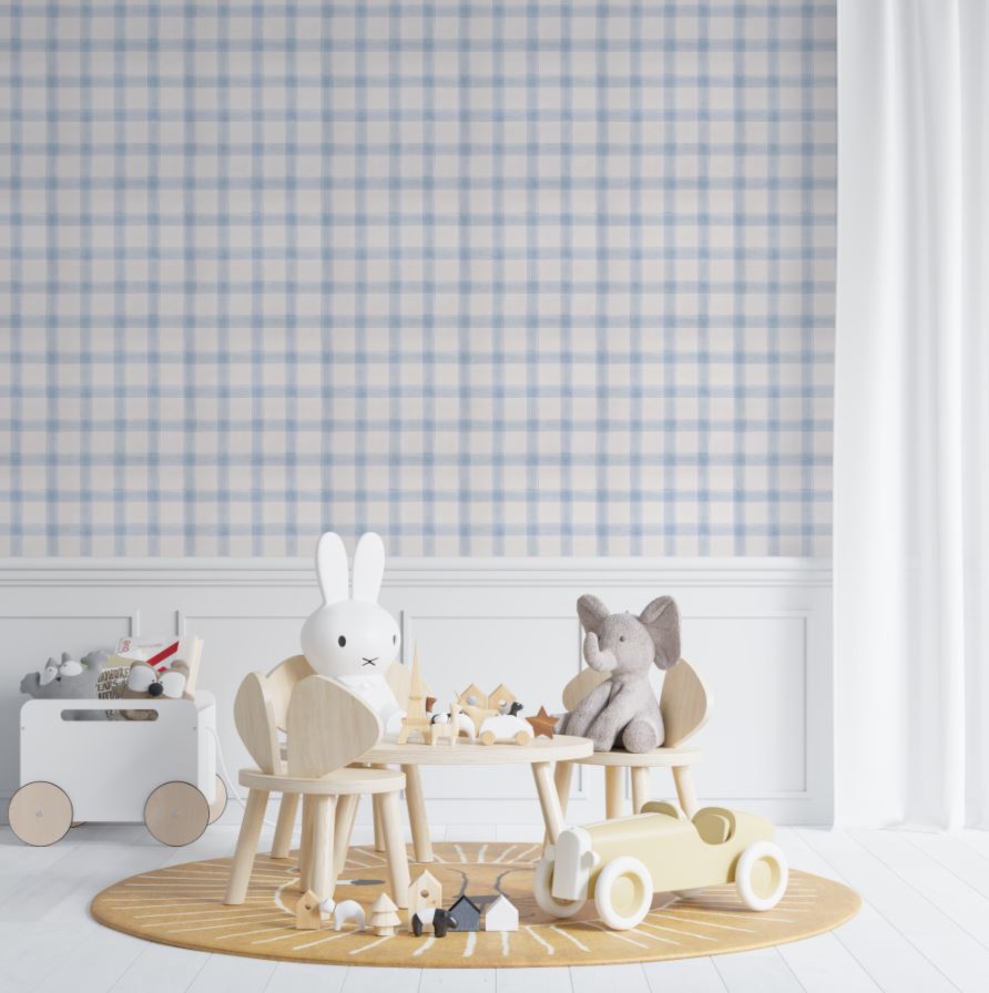 Tapet Personalizat Inspiratie Scandinava pentru Copii cu pattern de carouri in nuante de albastru -  WILLOW CHECK