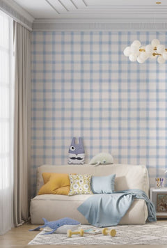 Tapet Personalizat Inspiratie Scandinava pentru Copii cu pattern de carouri in nuante de albastru -  WILLOW CHECK
