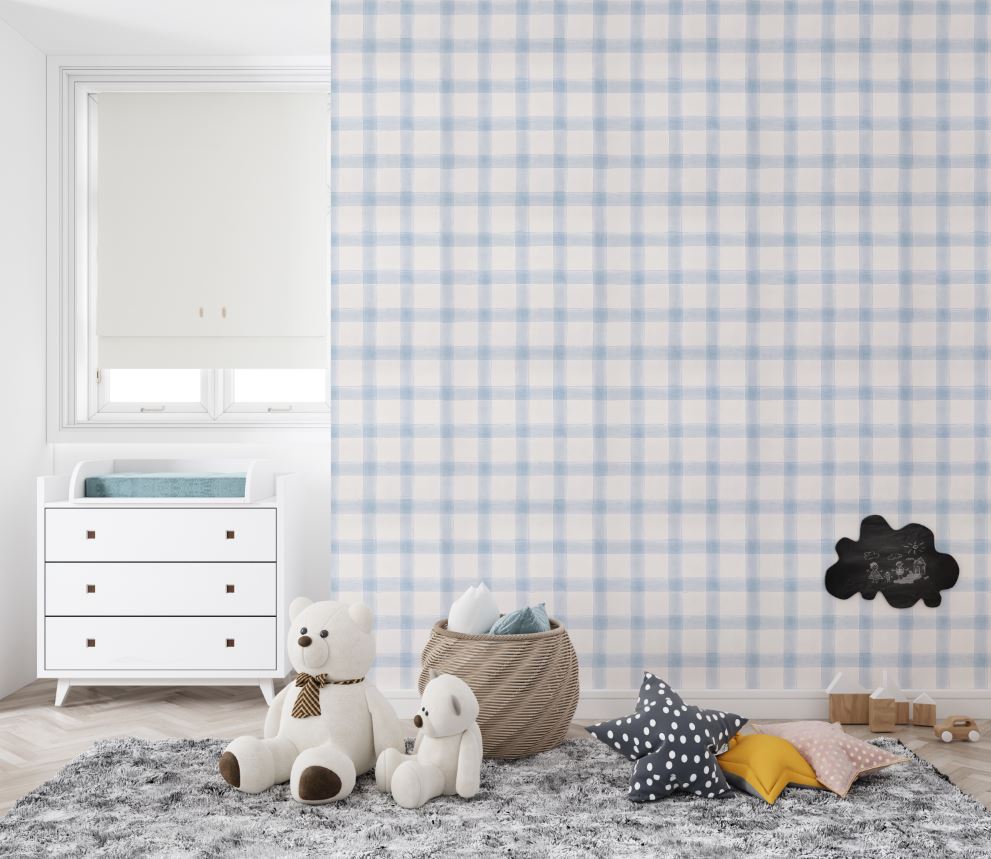 Tapet Personalizat Inspiratie Scandinava pentru Copii cu pattern de carouri in nuante de albastru -  WILLOW CHECK