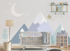 Tapet Personalizat Inspiratie Scandinava pentru Copii cu munti si brazi abstracti in nuante de albastru pastel - PASTEL BLUE MOUNTAINS