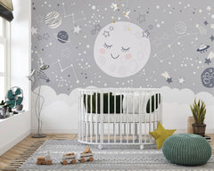 Tapet Personalizat Inspiratie Scandinava pentru Copii cu luna, planete, stele si constelatii in nuante de gri - MOON CONSTELLATIONS