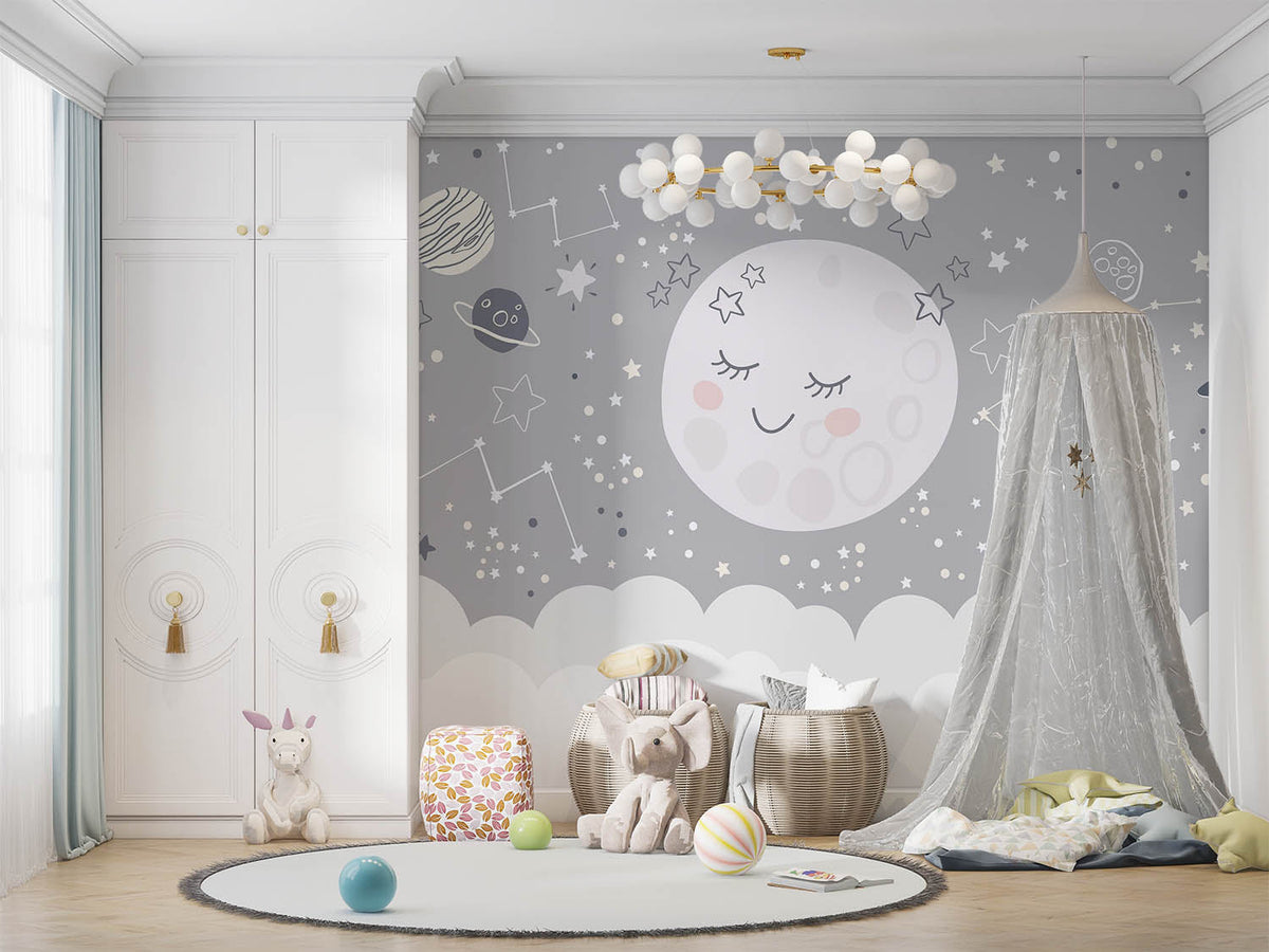 Tapet Personalizat Inspiratie Scandinava pentru Copii cu luna, planete, stele si constelatii in nuante de gri - MOON CONSTELLATIONS