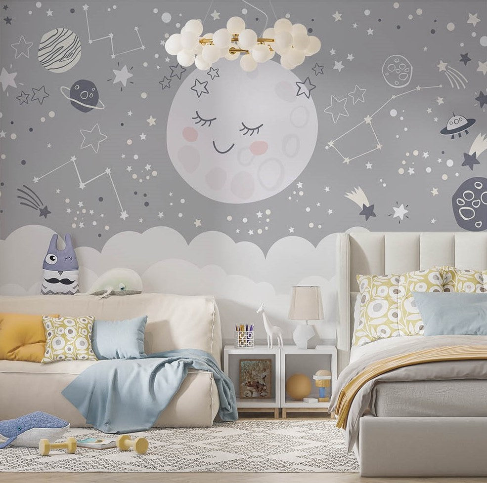 Tapet Personalizat Inspiratie Scandinava pentru Copii cu luna, planete, stele si constelatii in nuante de gri - MOON CONSTELLATIONS