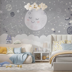 Tapet Personalizat Inspiratie Scandinava pentru Copii cu luna, planete, stele si constelatii in nuante de gri - MOON CONSTELLATIONS
