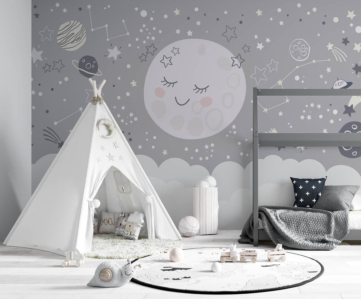 Tapet Personalizat Inspiratie Scandinava pentru Copii cu luna, planete, stele si constelatii in nuante de gri - MOON CONSTELLATIONS
