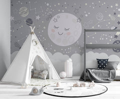 Tapet Personalizat Inspiratie Scandinava pentru Copii cu luna, planete, stele si constelatii in nuante de gri - MOON CONSTELLATIONS