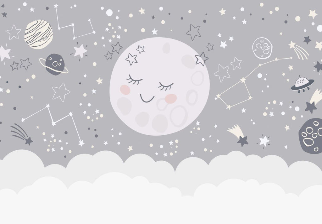 Tapet Personalizat Inspiratie Scandinava pentru Copii cu luna, planete, stele si constelatii in nuante de gri - MOON CONSTELLATIONS