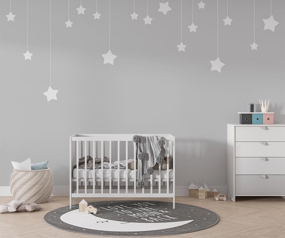 Tapet Personalizat Inspiratie Scandinava pentru Copii cu fundal gri si stele albe cazatoare - HANGING STARS