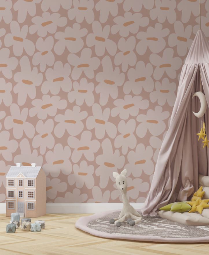 Tapet Personalizat Inspiratie Scandinava pentru Copii cu flori in pattern abstract retro in nuante de roz-maro - BLUSH PINK FLORAL PATTERN
