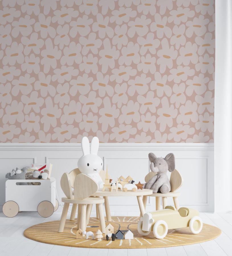 Tapet Personalizat Inspiratie Scandinava pentru Copii cu flori in pattern abstract retro in nuante de roz-maro - BLUSH PINK FLORAL PATTERN