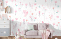 Tapet Personalizat Inspiratie Scandinava pentru Copii cu pattern de flori, pasari si vulpi roz pe fundal alb - LITTLE PINK FOXES