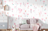 Tapet Personalizat Inspiratie Scandinava pentru Copii cu pattern de flori, pasari si vulpi roz pe fundal alb - LITTLE PINK FOXES