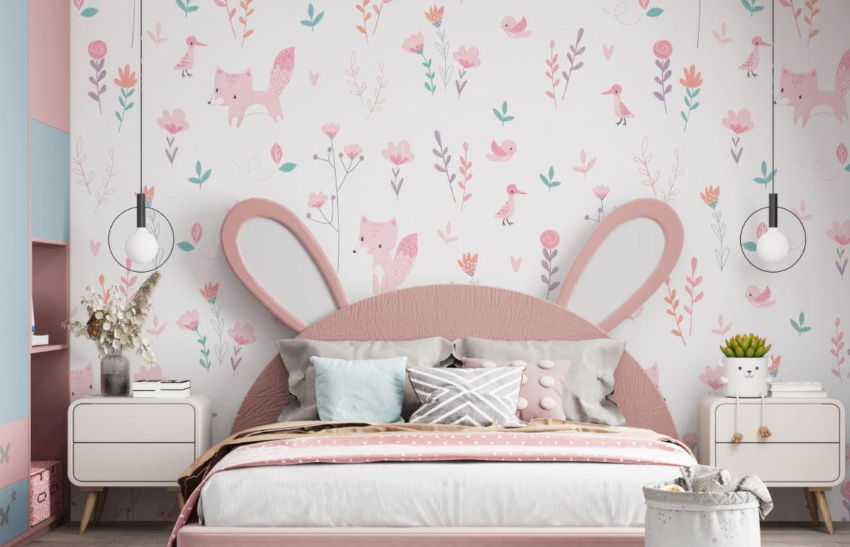 Tapet Personalizat Inspiratie Scandinava pentru Copii cu pattern de flori, pasari si vulpi roz pe fundal alb - LITTLE PINK FOXES