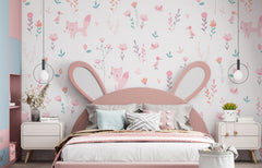 Tapet Personalizat Inspiratie Scandinava pentru Copii cu pattern de flori, pasari si vulpi roz pe fundal alb - LITTLE PINK FOXES