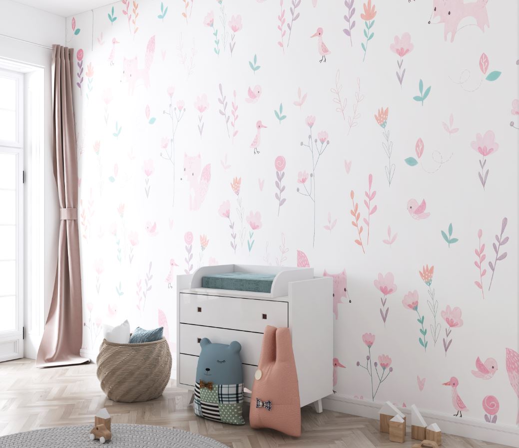 Tapet Personalizat Inspiratie Scandinava pentru Copii cu pattern de flori, pasari si vulpi roz pe fundal alb - LITTLE PINK FOXES