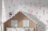 Tapet Personalizat Inspiratie Scandinava pentru Copii cu pattern de flori, pasari si vulpi roz pe fundal alb - LITTLE PINK FOXES