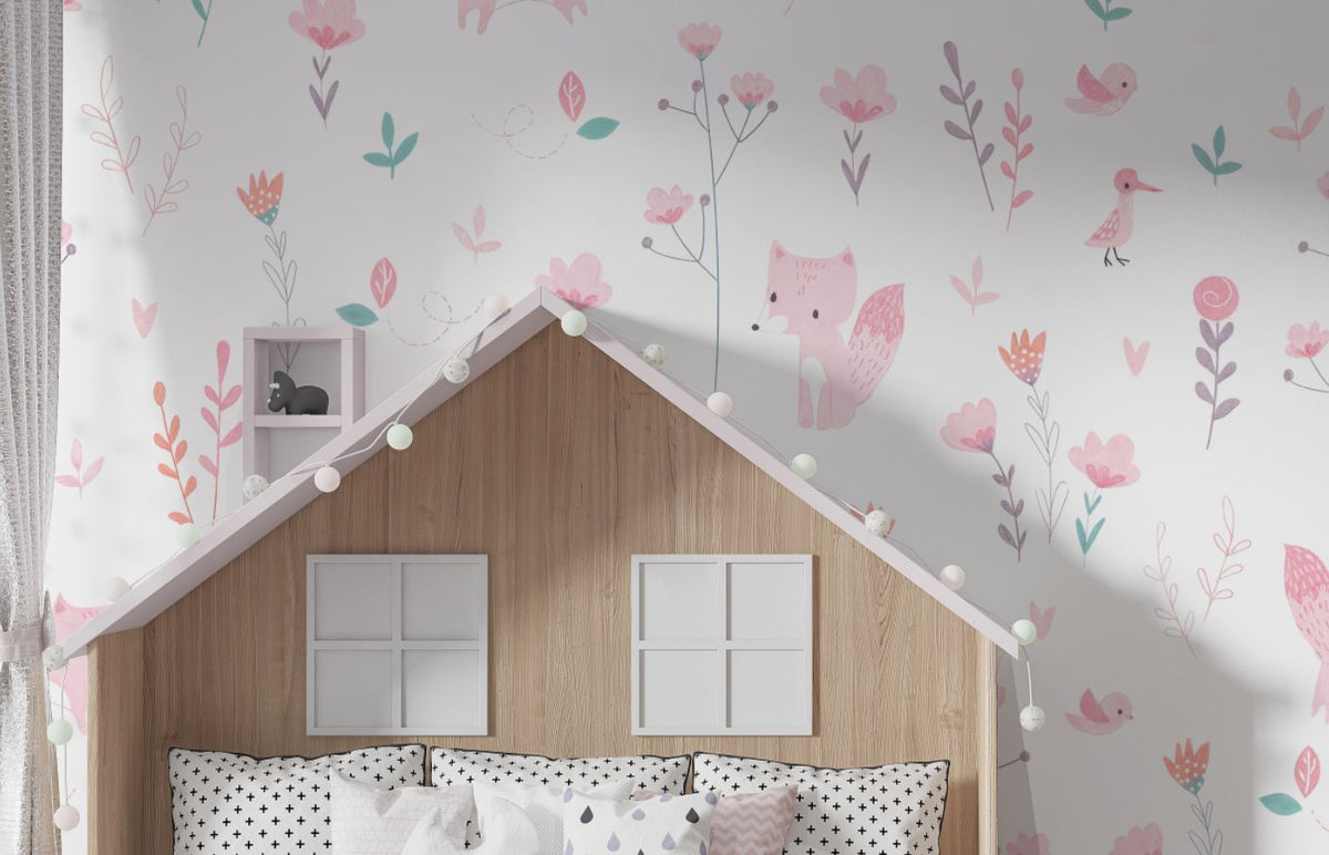 Tapet Personalizat Inspiratie Scandinava pentru Copii cu pattern de flori, pasari si vulpi roz pe fundal alb - LITTLE PINK FOXES