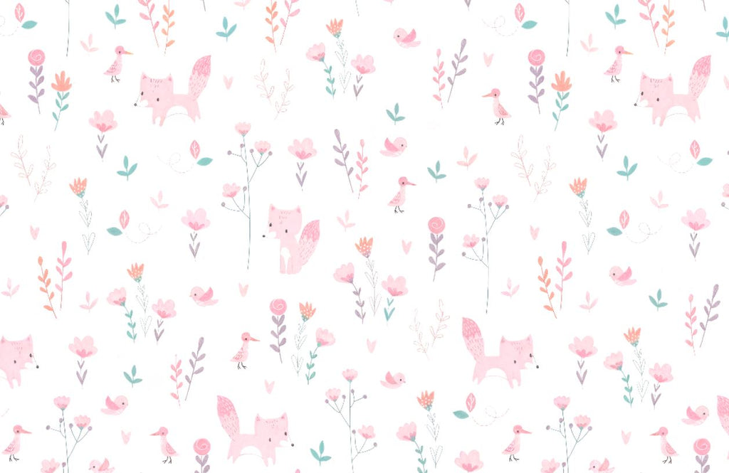 Tapet Personalizat Inspiratie Scandinava pentru Copii cu pattern de flori, pasari si vulpi roz pe fundal alb - LITTLE PINK FOXES
