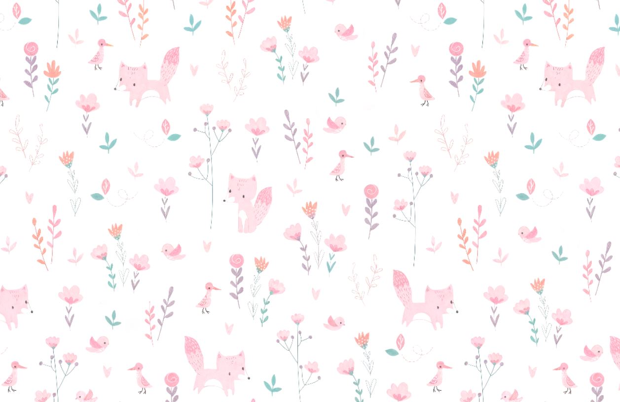 Tapet Personalizat Inspiratie Scandinava pentru Copii cu pattern de flori, pasari si vulpi roz pe fundal alb - LITTLE PINK FOXES