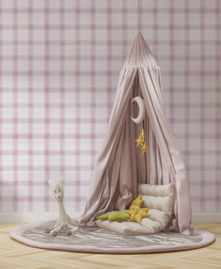 Tapet Personalizat Inspiratie Scandinava pentru Copii cu pattern de carouri in nuante de mov lila - PINK WILLOW CHECK