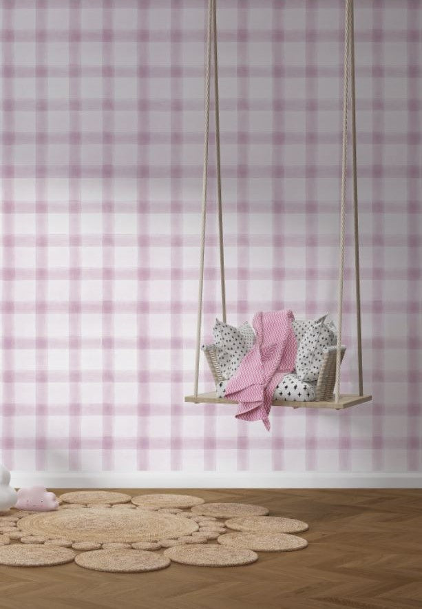 Tapet Personalizat Inspiratie Scandinava pentru Copii cu pattern de carouri in nuante de mov lila - PINK WILLOW CHECK