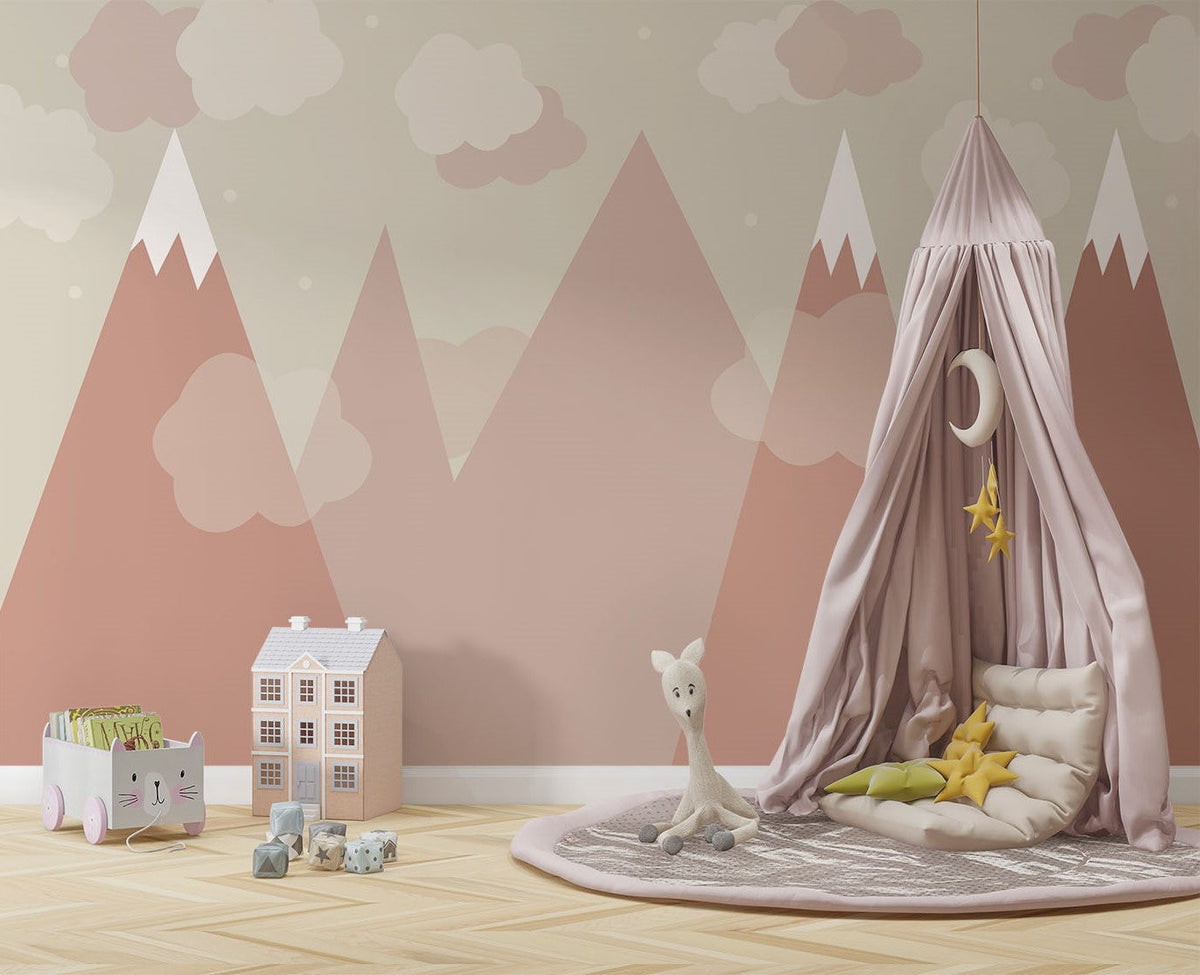 Tapet Personalizat Inspiratie Scandinava pentru Copii cu munti inalti cu zapada in nuante de teracota - PASTEL TERRACOTTA MOUNTAINS
