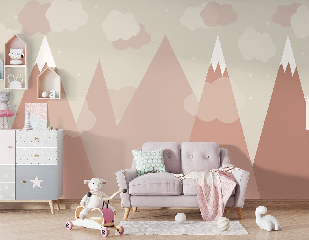 Tapet Personalizat Inspiratie Scandinava pentru Copii cu munti inalti cu zapada in nuante de teracota - PASTEL TERRACOTTA MOUNTAINS