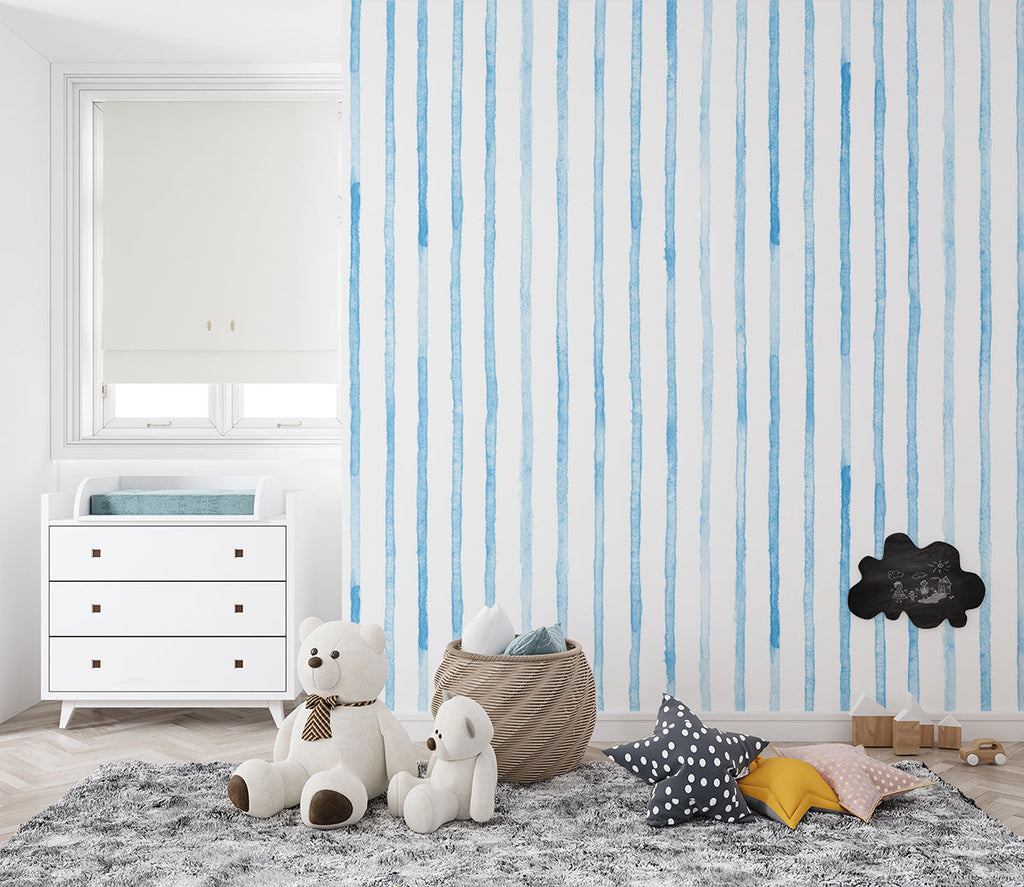 Tapet Personalizat Inspiratie Scandinava pentru Copii cu dungi albastre in stil watercolor - BLUE WATERCOLOR STRIPES