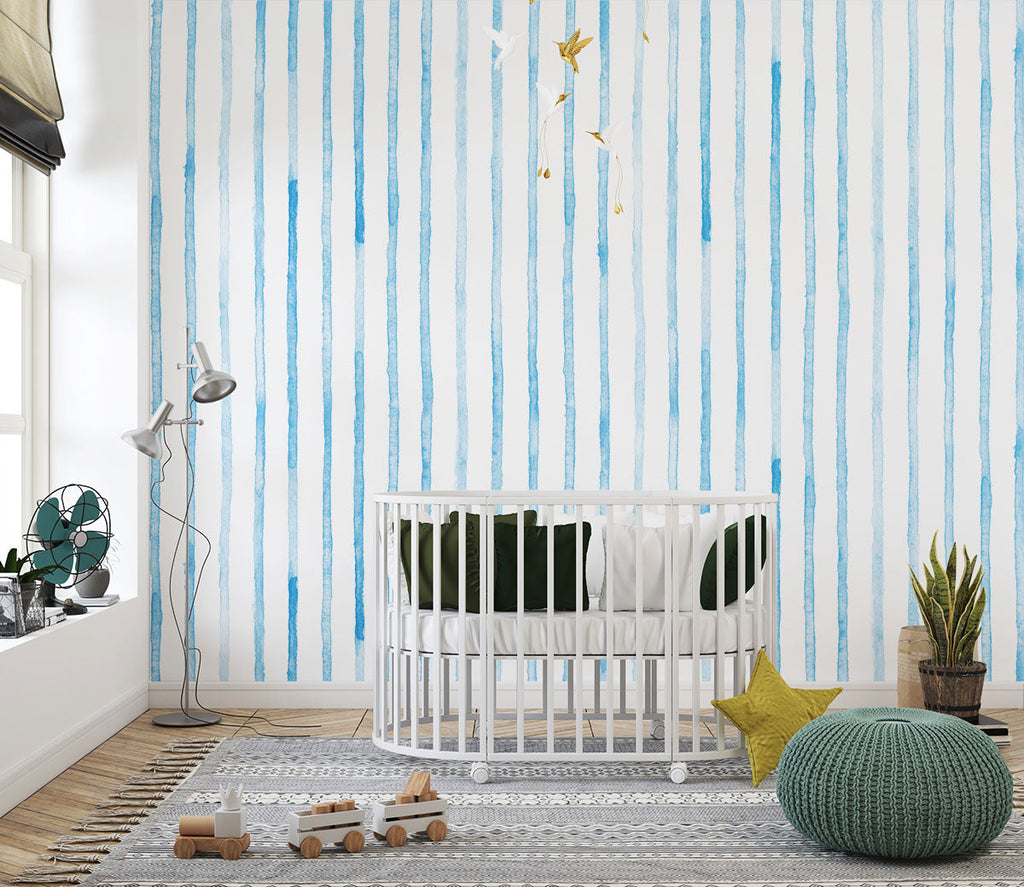 Tapet Personalizat Inspiratie Scandinava pentru Copii cu dungi albastre in stil watercolor - BLUE WATERCOLOR STRIPES