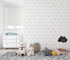 Tapet Personalizat Inspiratie Scandinava pentru Copii cu pattern de stelute gri, aurii si roz pe fundal alb - CRAYON STAR PATTERN