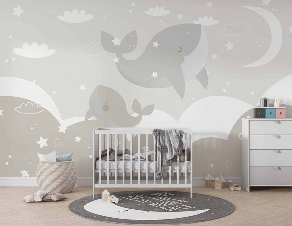 Tapet Personalizat Inspiratie Scandinava pentru Copii cu balene in nuante de grej - GREJ BABY WHALES