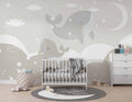Tapet Personalizat Inspiratie Scandinava pentru Copii cu balene in nuante de grej - GREJ BABY WHALES