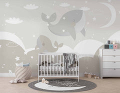 Tapet Personalizat Inspiratie Scandinava pentru Copii cu balene in nuante de grej - GREJ BABY WHALES