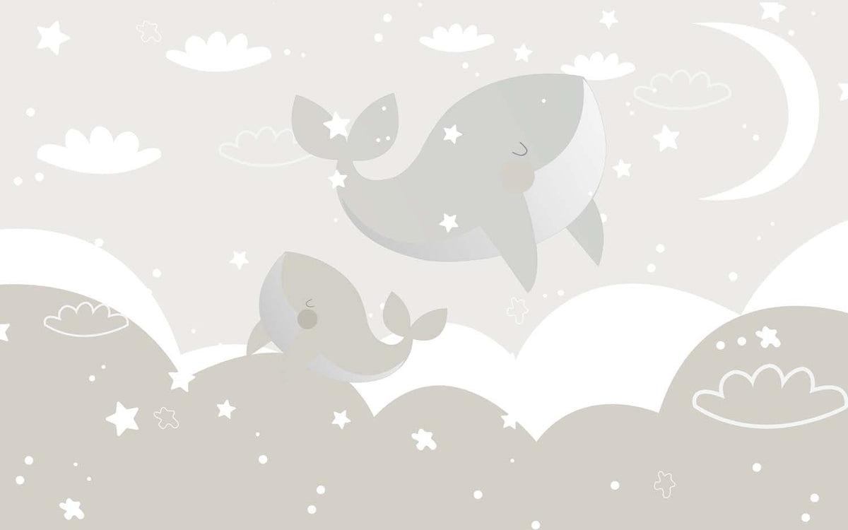 Tapet Personalizat Inspiratie Scandinava pentru Copii cu balene in nuante de grej - GREJ BABY WHALES