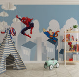 Tapet Personalizat Supereroi pentru copii cu supereroi din universul Marvel si DC zburand peste cladiri - MARVEL VS DC