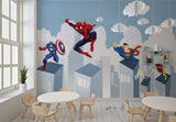 Tapet Personalizat Supereroi pentru copii cu supereroi din universul Marvel si DC zburand peste cladiri - MARVEL VS DC